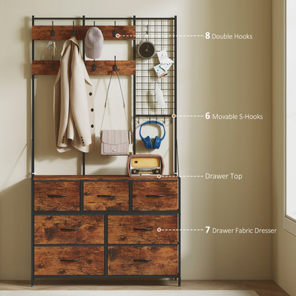 4-in-1 Hall Tree with 7-Drawer Dresser and Hooks