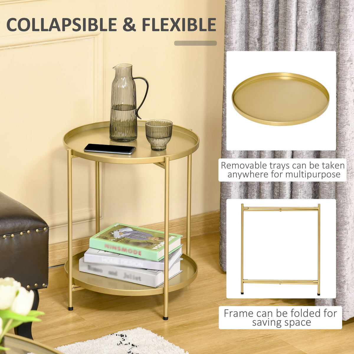 Round 2-tier side table with removable trays