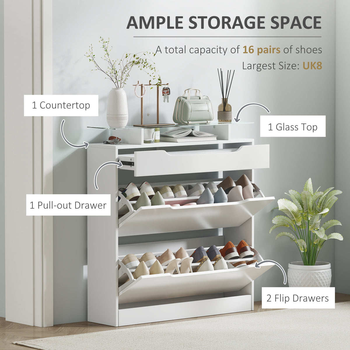 Shoe Cabinet High Gloss Flip Drawers Adjustable Shelves