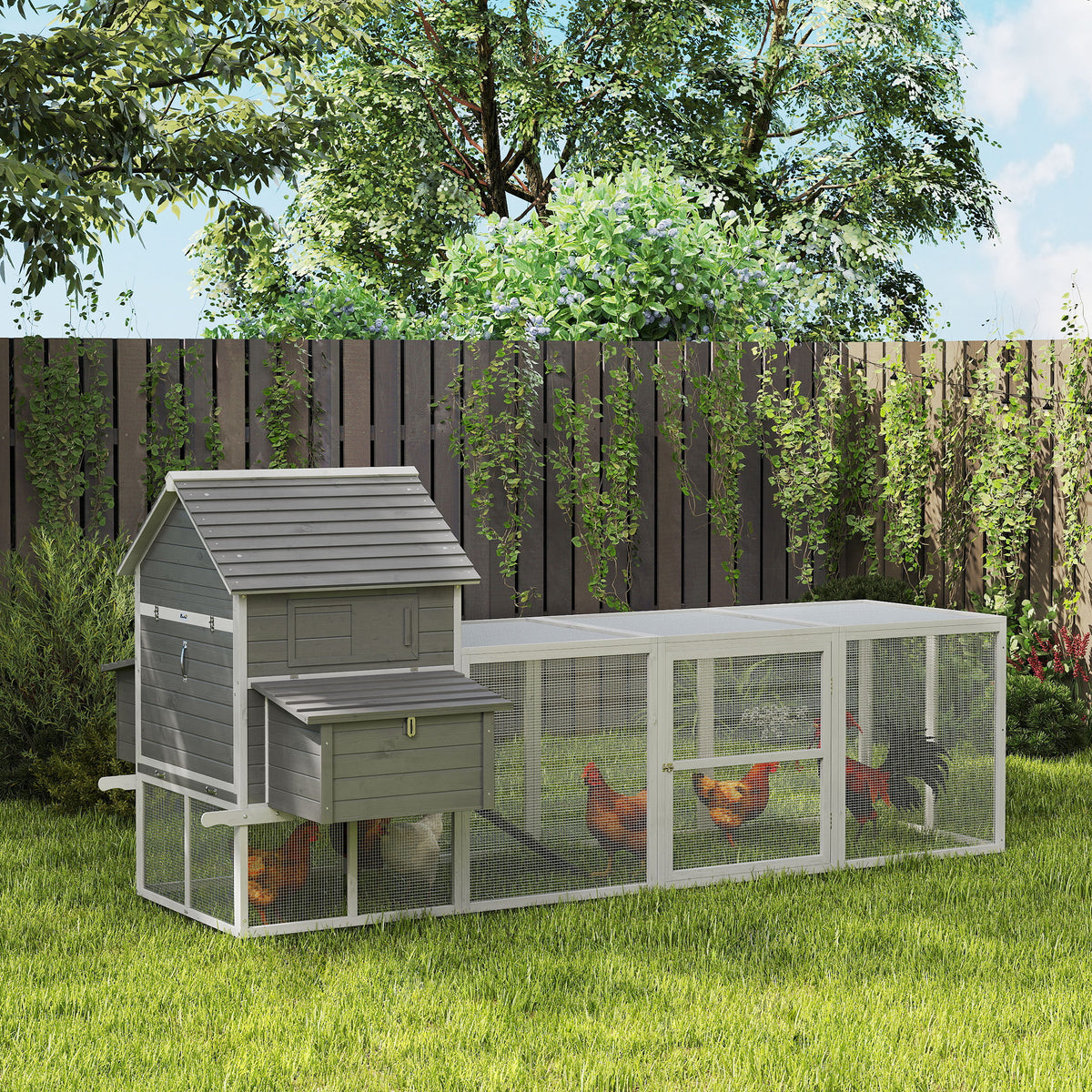 Wooden chicken coop with run and nesting box