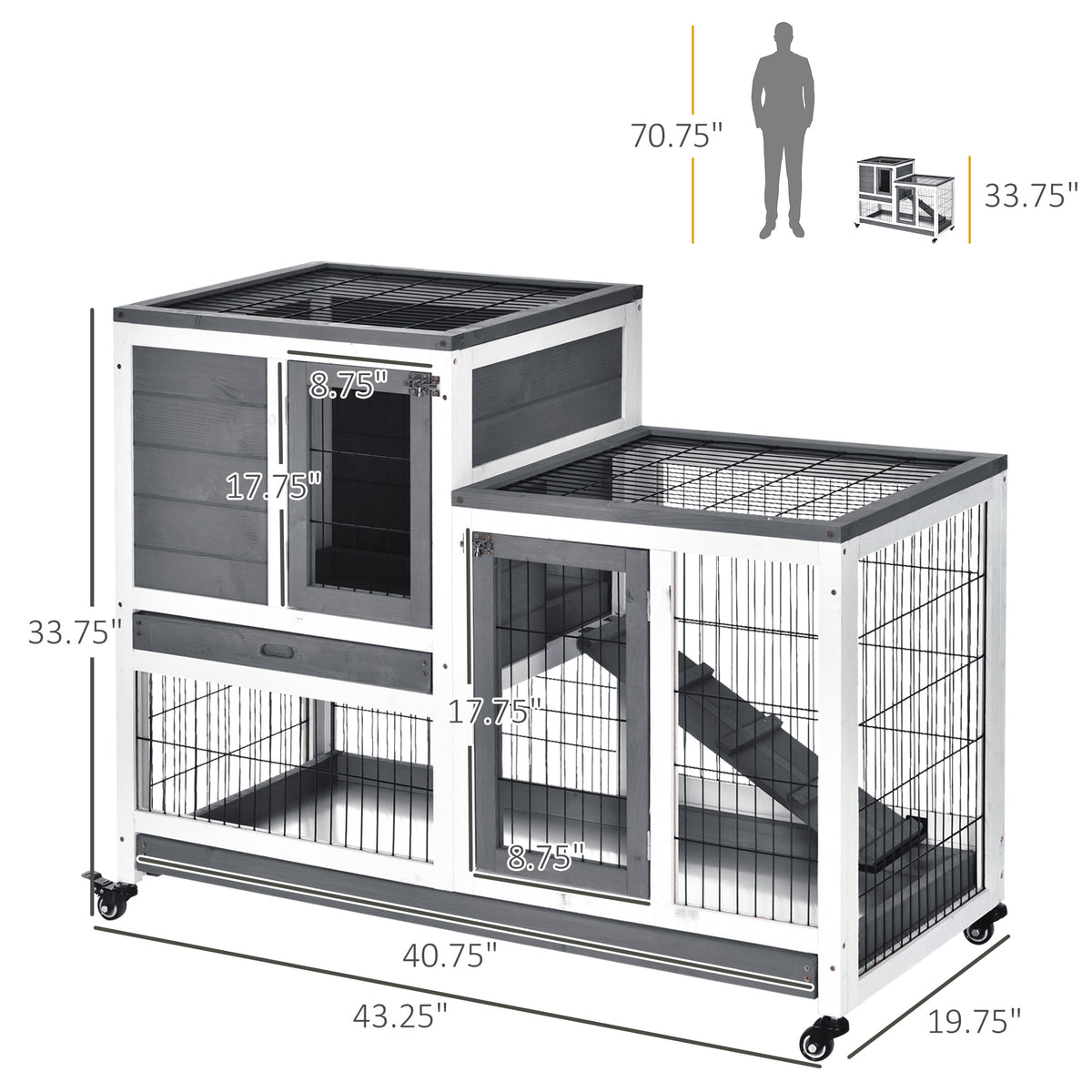 Wooden Rabbit Hutch Two-Tier with Wheels