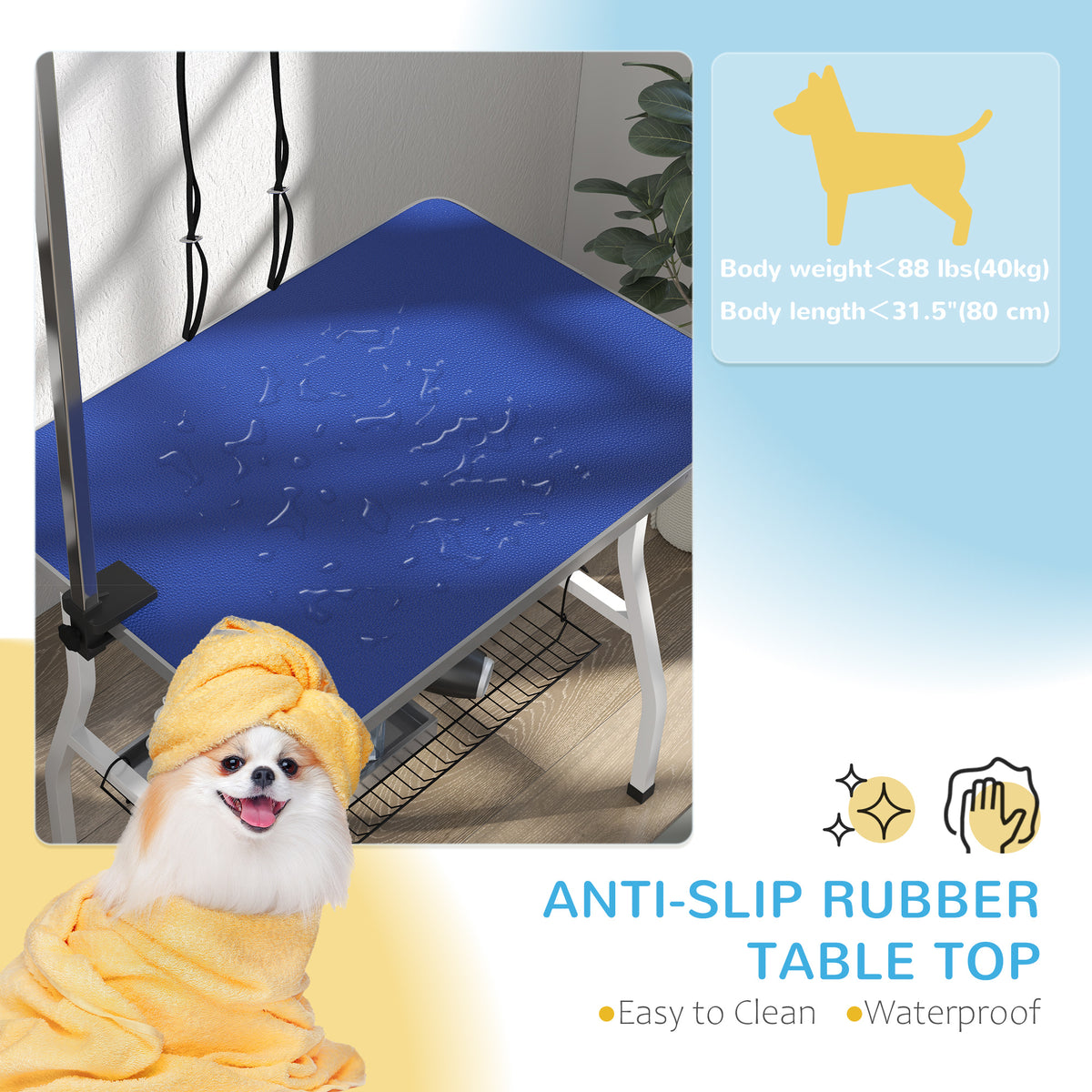 Mesa de peluquería para perros con brazos ajustables y plataforma de goma