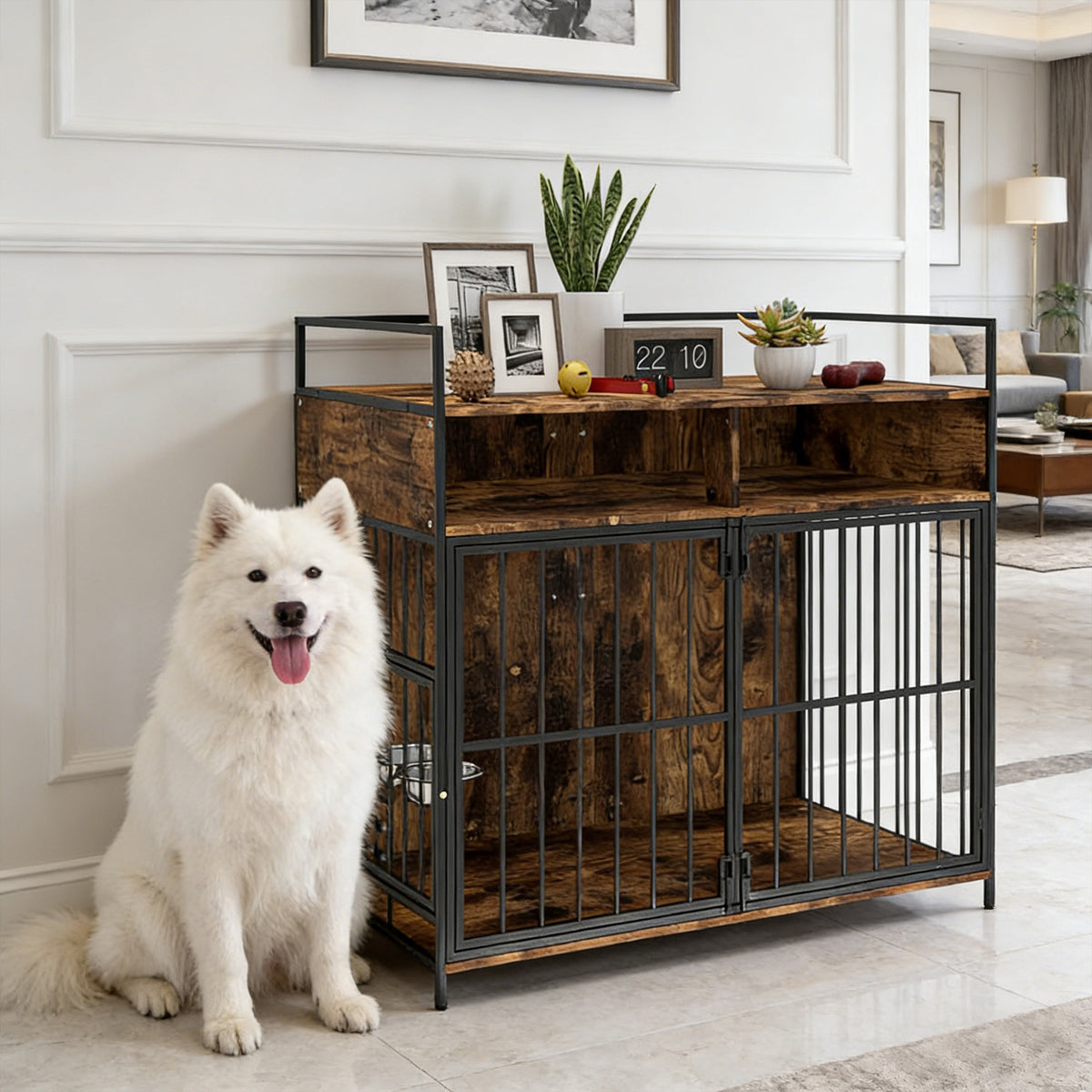 Dog crate furniture table rotating bowls rustic