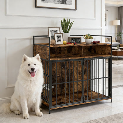 Dog crate furniture table rotating bowls rustic