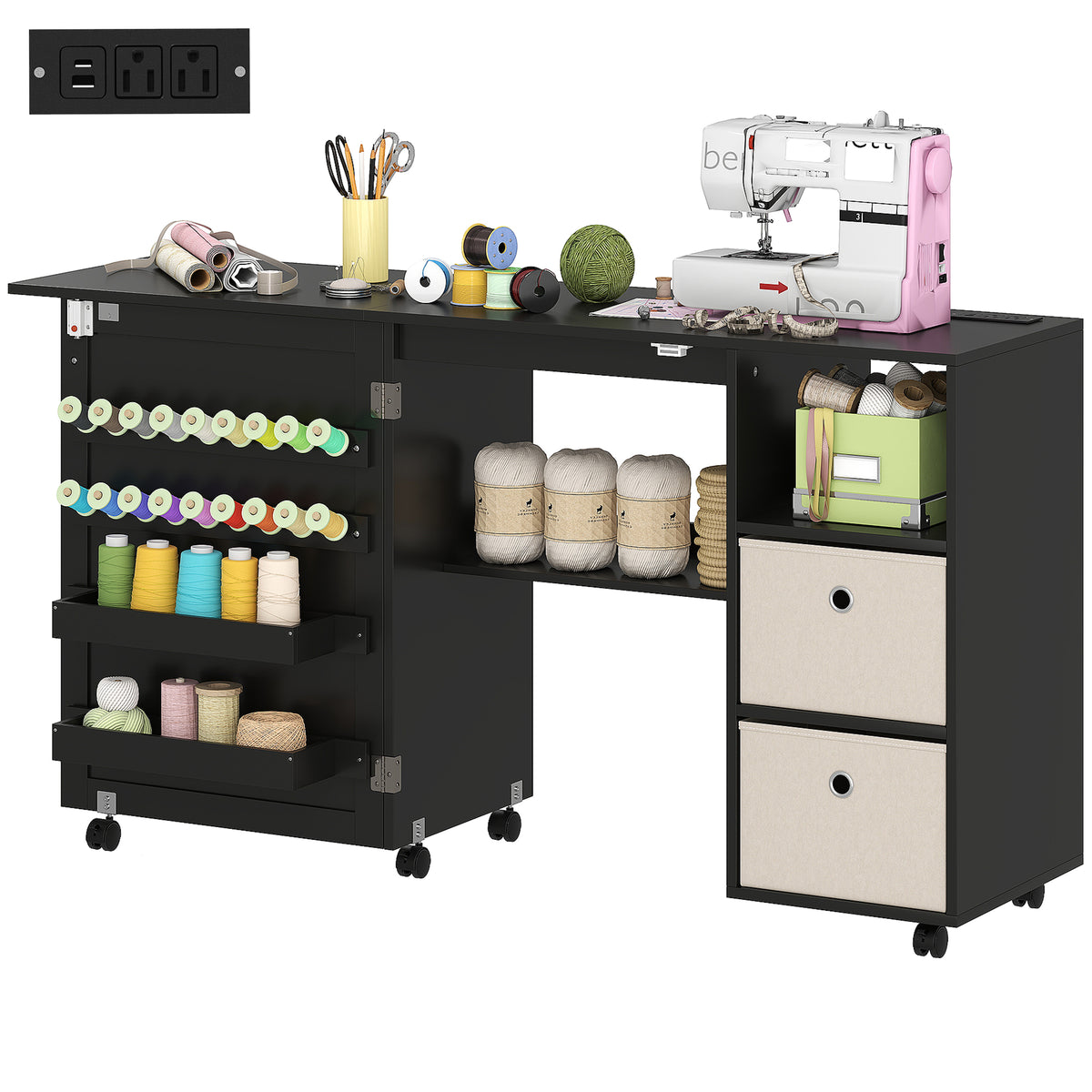 Rolling Sewing Machine Table with Power Outlet