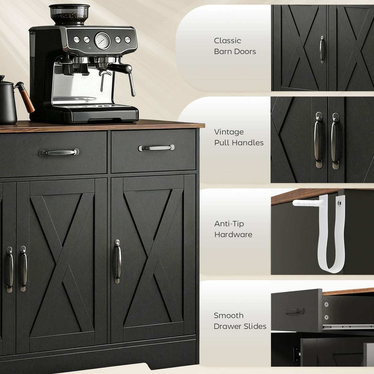 Aparador de cocina estilo rústico con puertas de granero