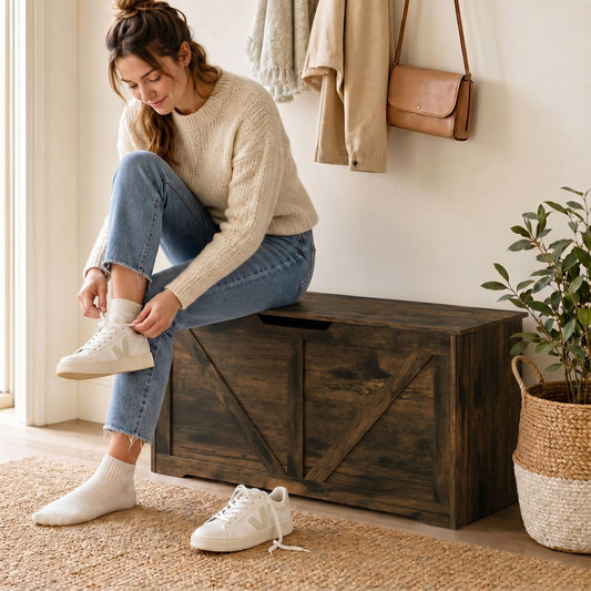 Rustic storage chest with safety hinges 100 cm