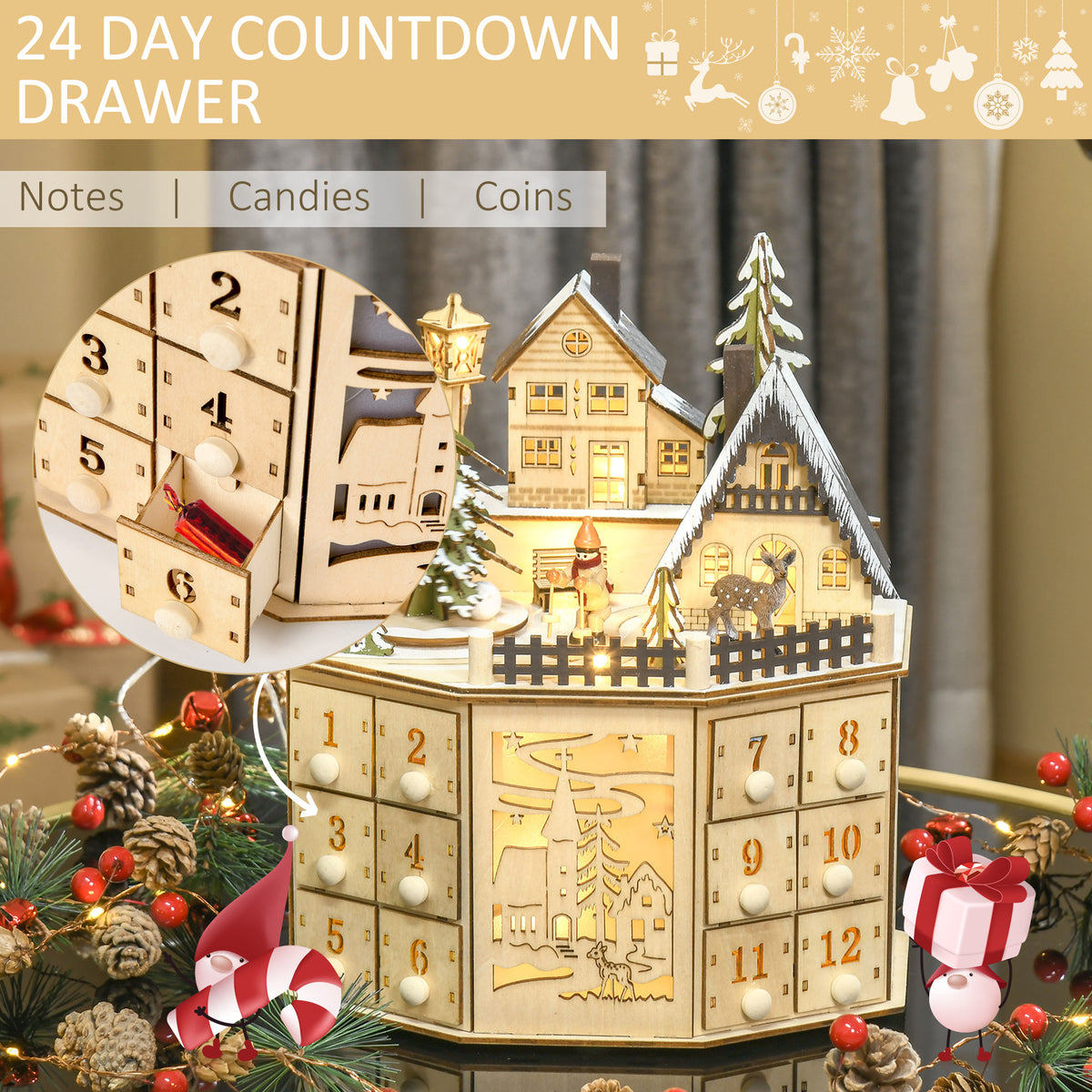 Calendario de Adviento de Madera con Luces LED