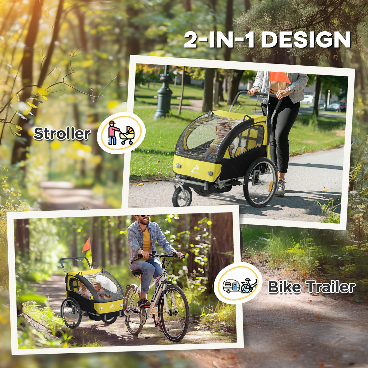 2-in-1 Kids Bike Trailer Foldable with Stroller