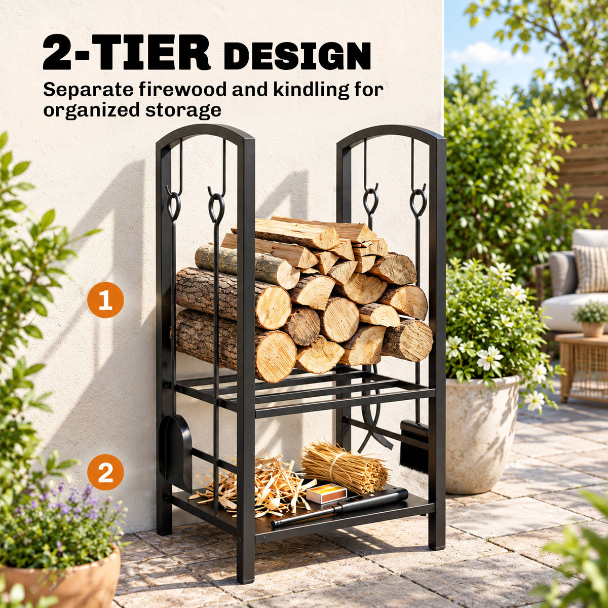 2-Tier Firewood Log Rack with 4 Tools