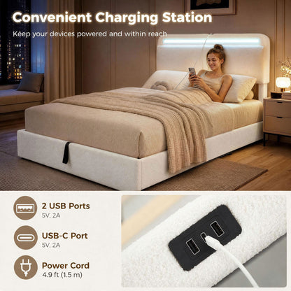 Cama Queen de plataforma con estación de carga y almacenamiento