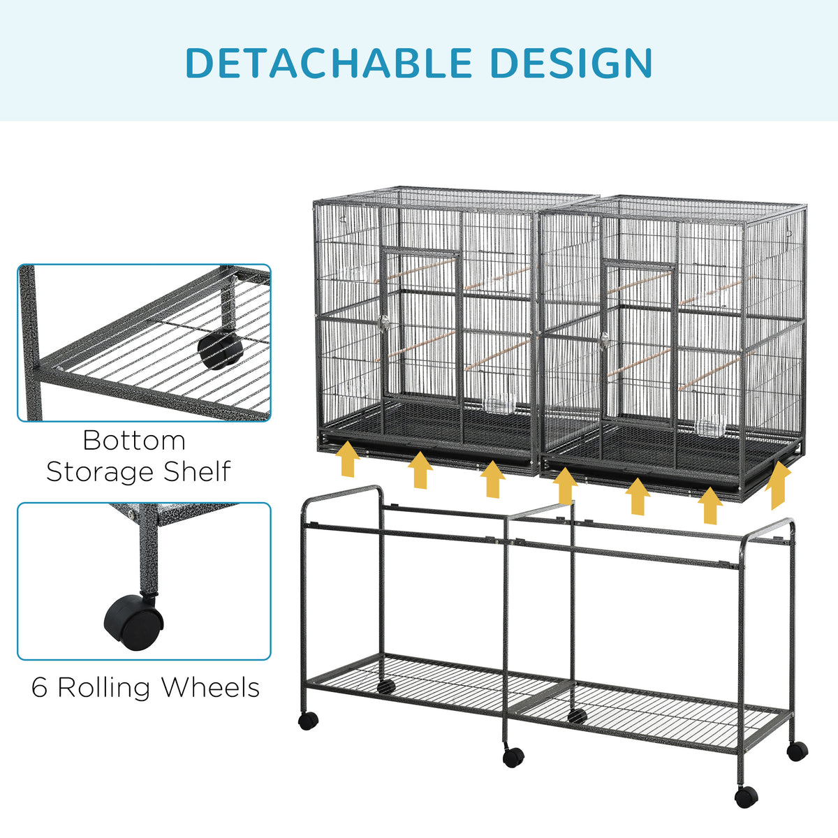 Large Rolling Bird Cage with Perches and Feeder Cups