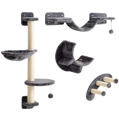 Cat wall climbing shelf set with scratching post — Set of 4