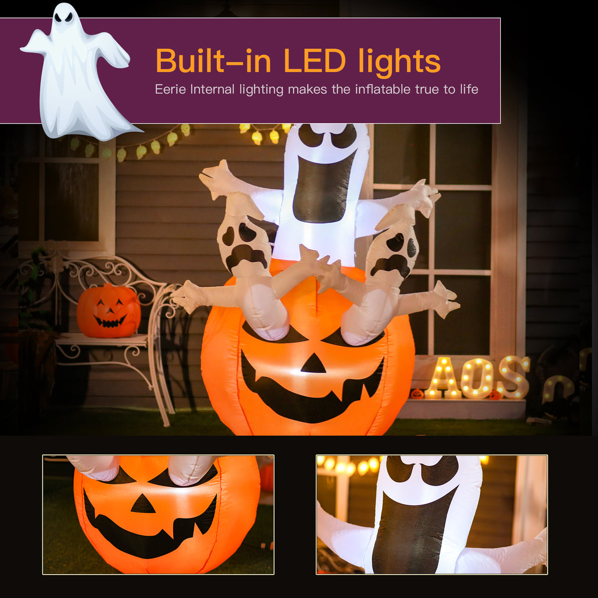 Decoración inflable de Halloween de 6 pies con calabaza, fantasmas y LED