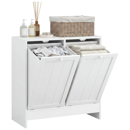 Modern tilt-out laundry hamper cabinet with two compartments