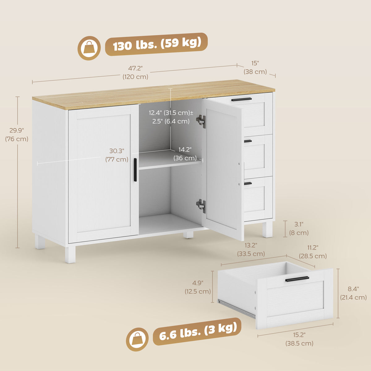 Sideboard Buffet Cabinet Soft-Close Doors 3 Drawers