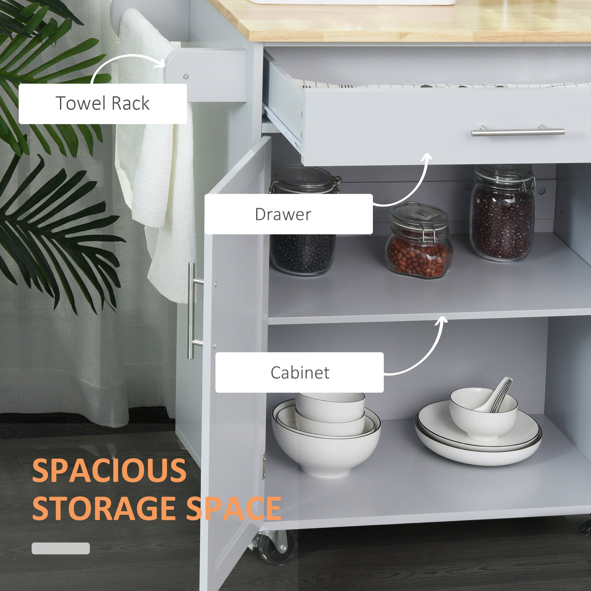 Rolling kitchen island cart with wood top and storage