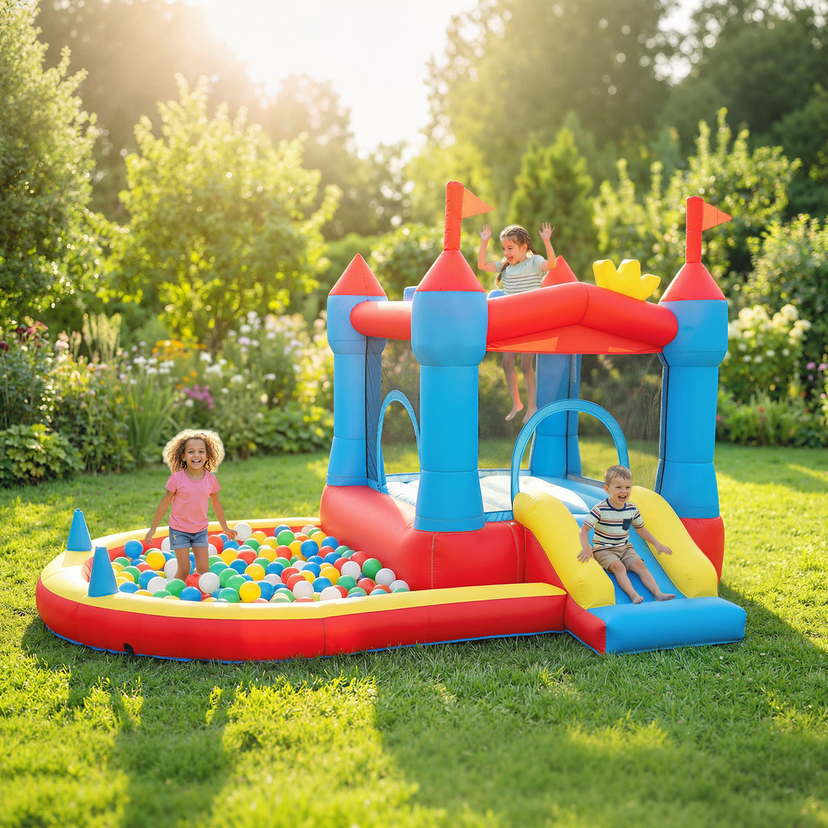 Kids inflatable bouncy castle with slide and pool
