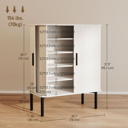 Shoe storage cabinet with tambour doors and adjustable shelves