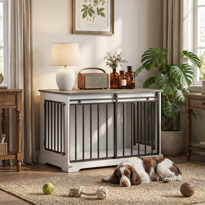 Dog crate furniture with sliding barn door