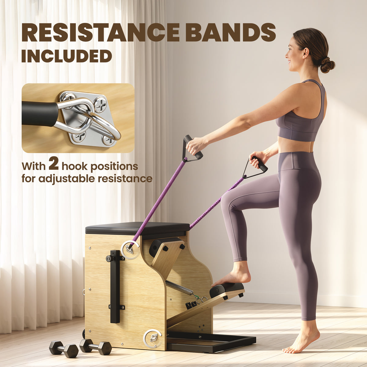 Silla de Pilates de madera con bandas de resistencia