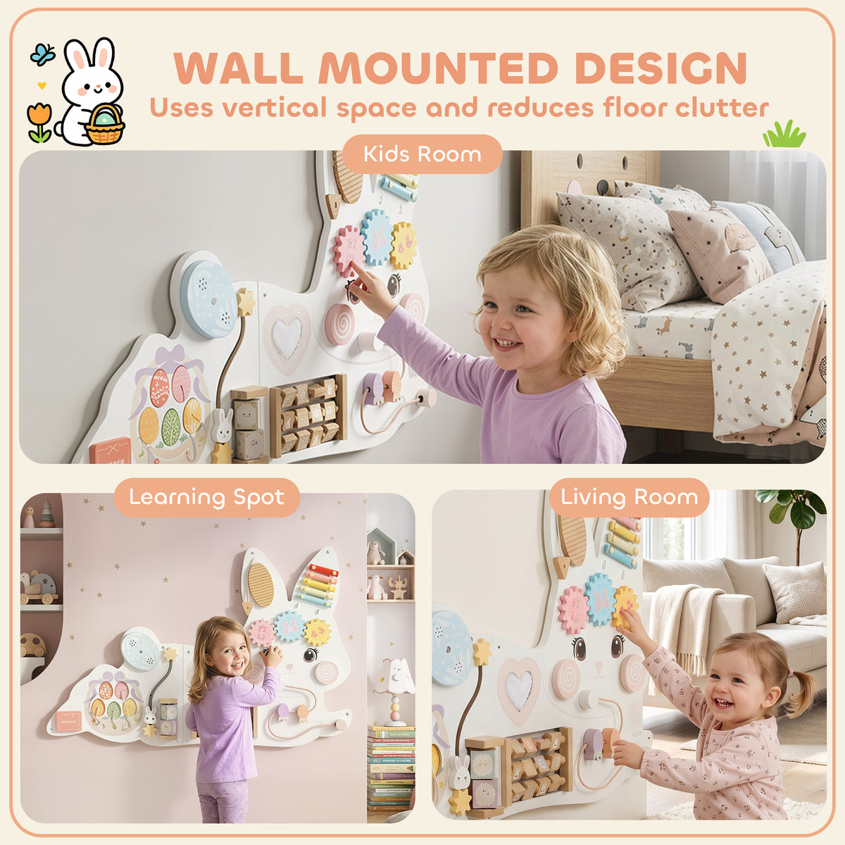 Tablero de estimulación mural Montessori de conejo de Pascua en madera