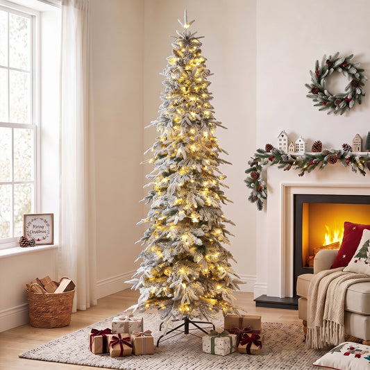 Árbol de Navidad artificial nevado luminoso delgado 183 cm