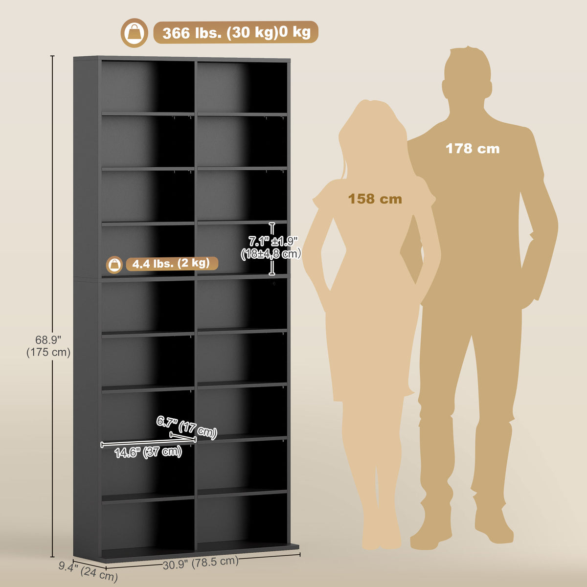 9-Tier Media Shelf 18 Compartments Adjustable