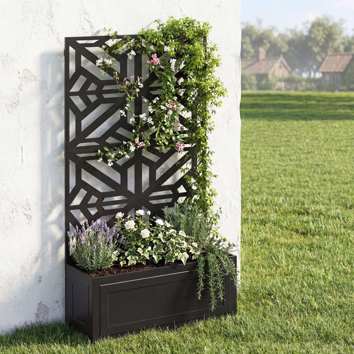 Jardinera elevada con celosía y panel de privacidad