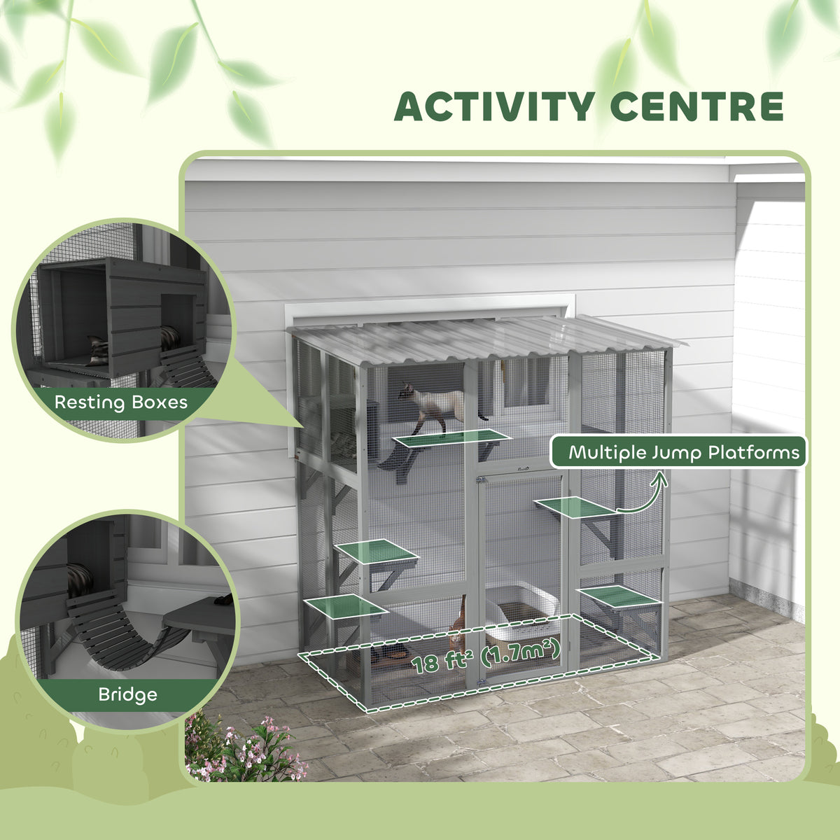 Multi-level outdoor cat enclosure with transparent roof