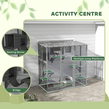Multi-level outdoor cat enclosure with transparent roof