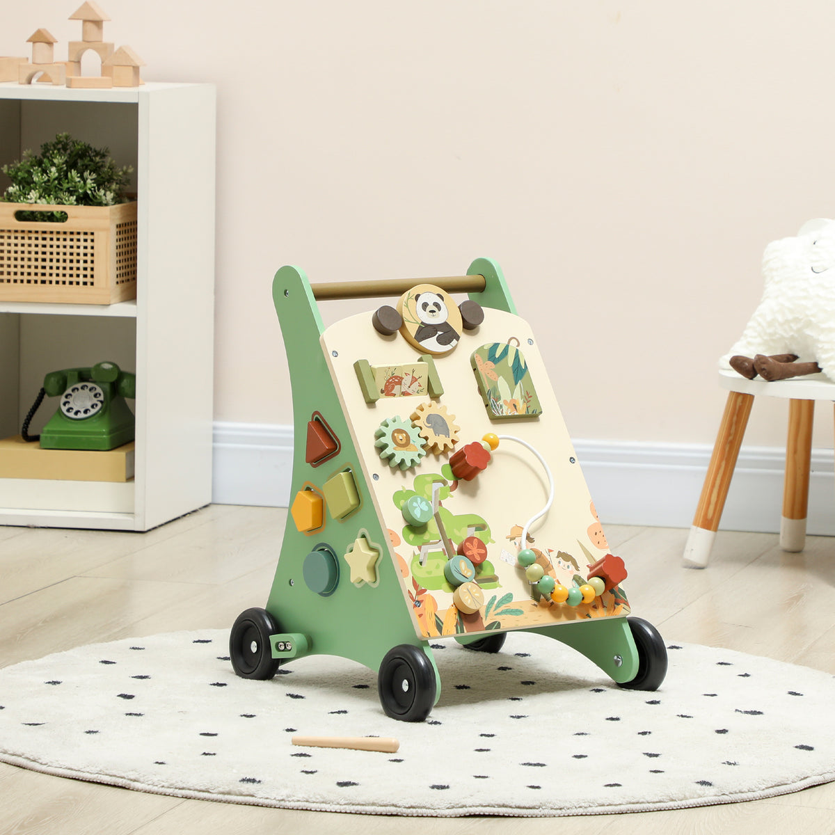 Wooden baby walker with activity centre