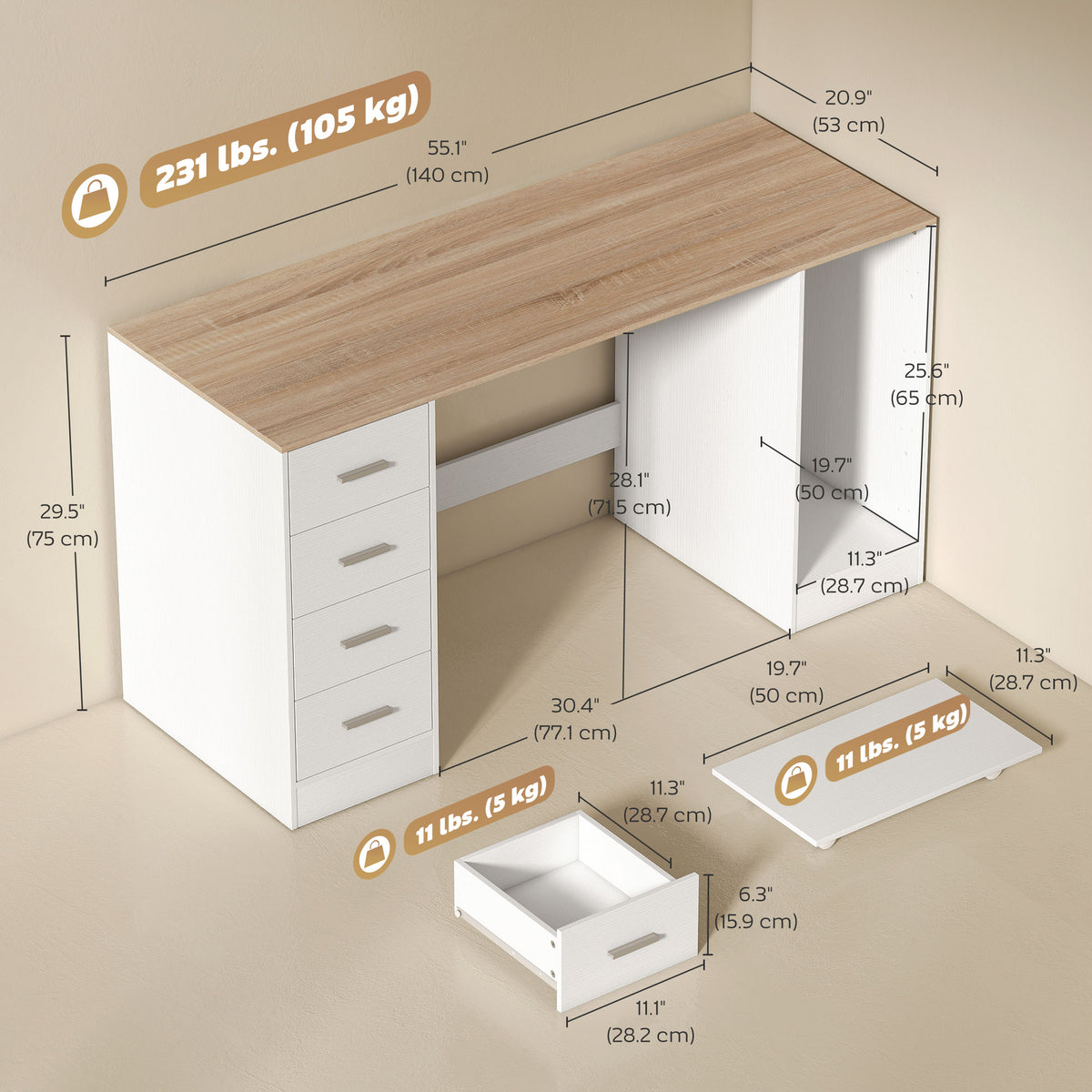 Computer Desk with 4 Drawers and Mobile CPU Stand