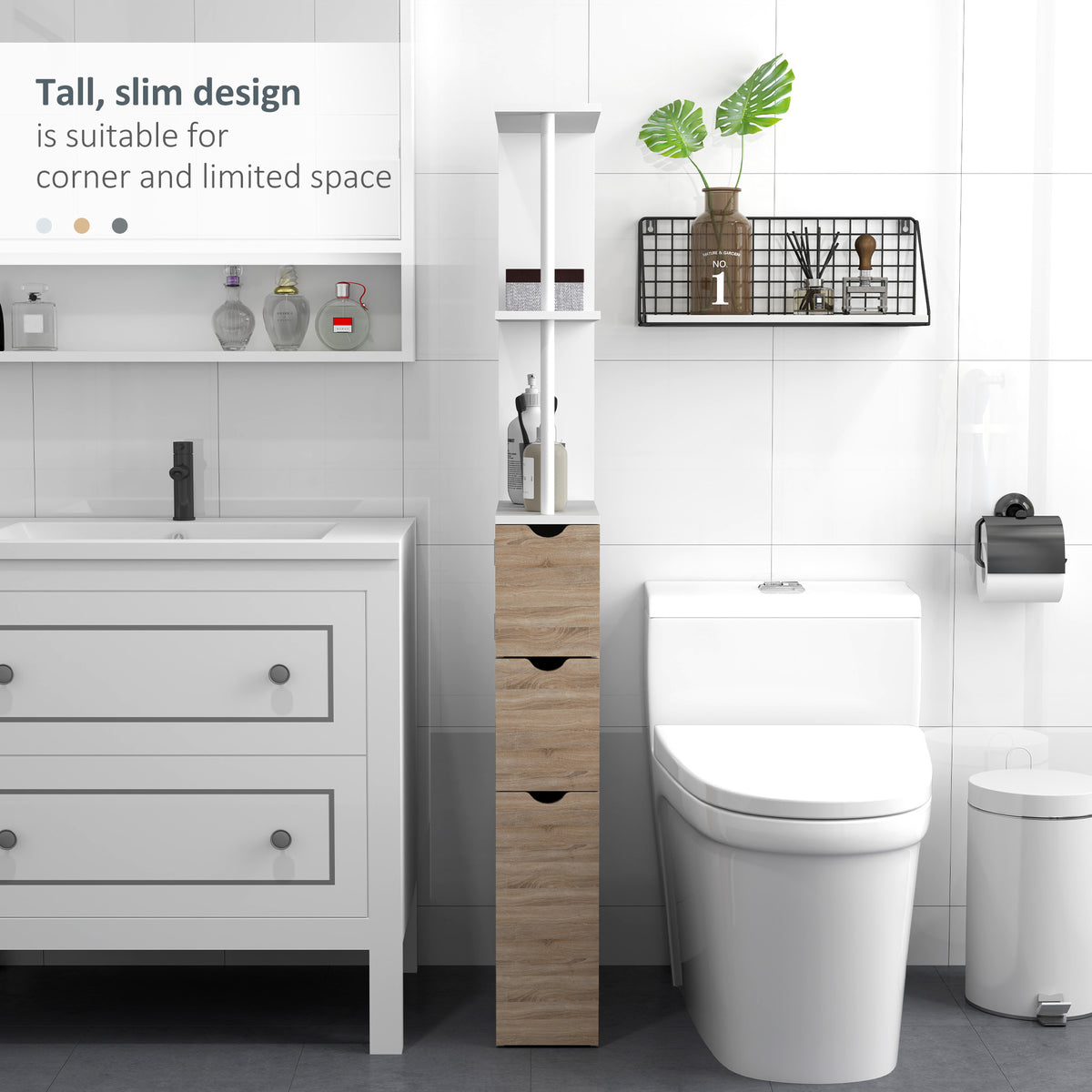 Tall narrow bathroom storage cabinet in wood