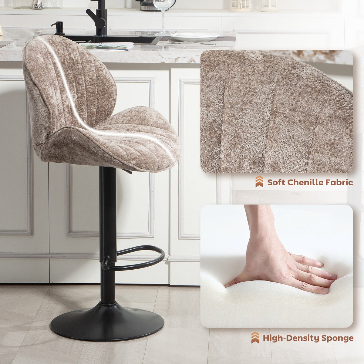 Bar stools swivel set of 2 chenille adjustable height