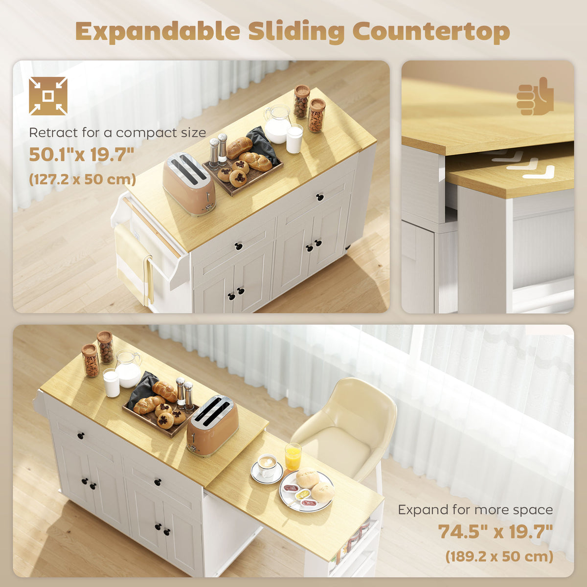 Rolling kitchen island with expandable top and power outlet