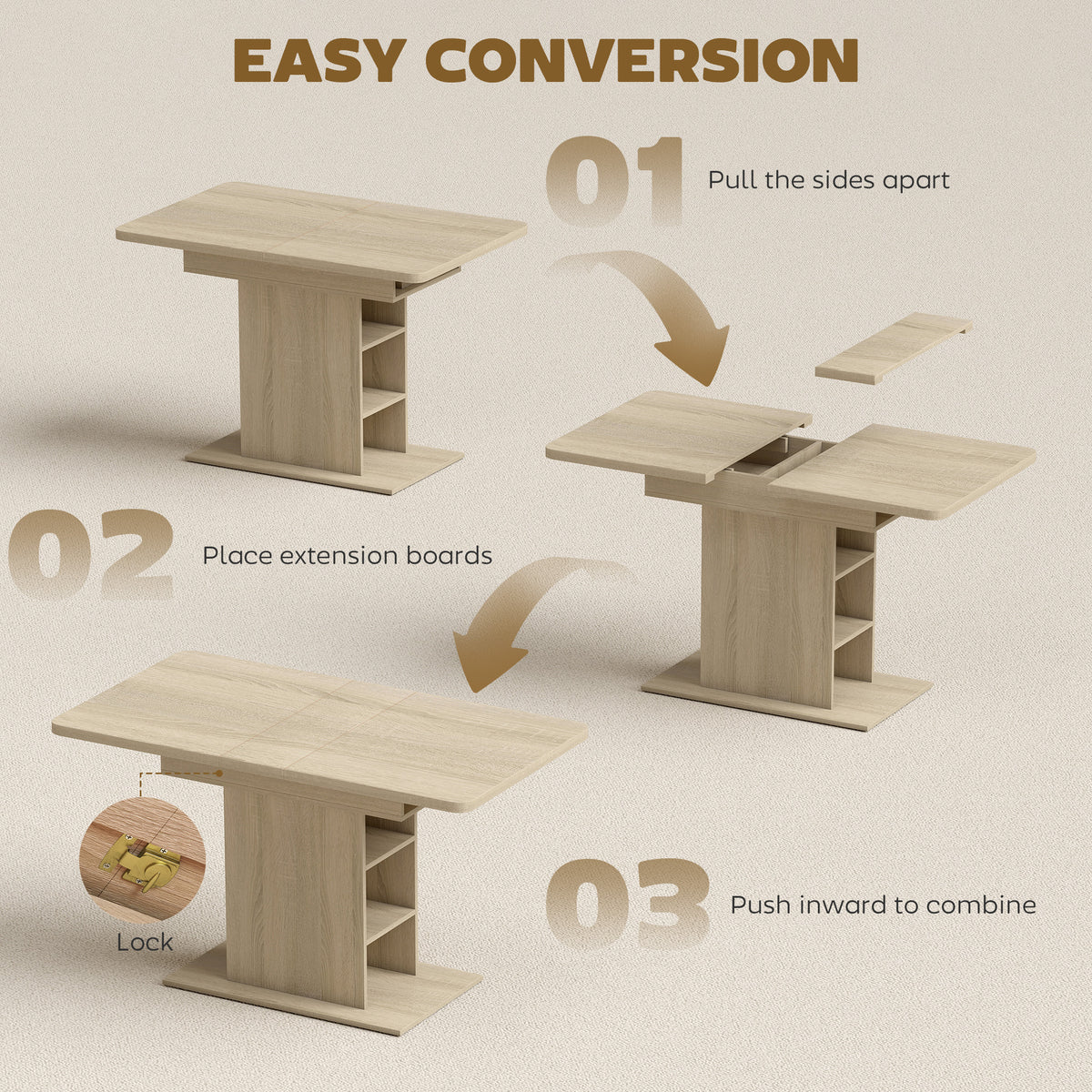 Mesa de comedor extensible con estantes integrados