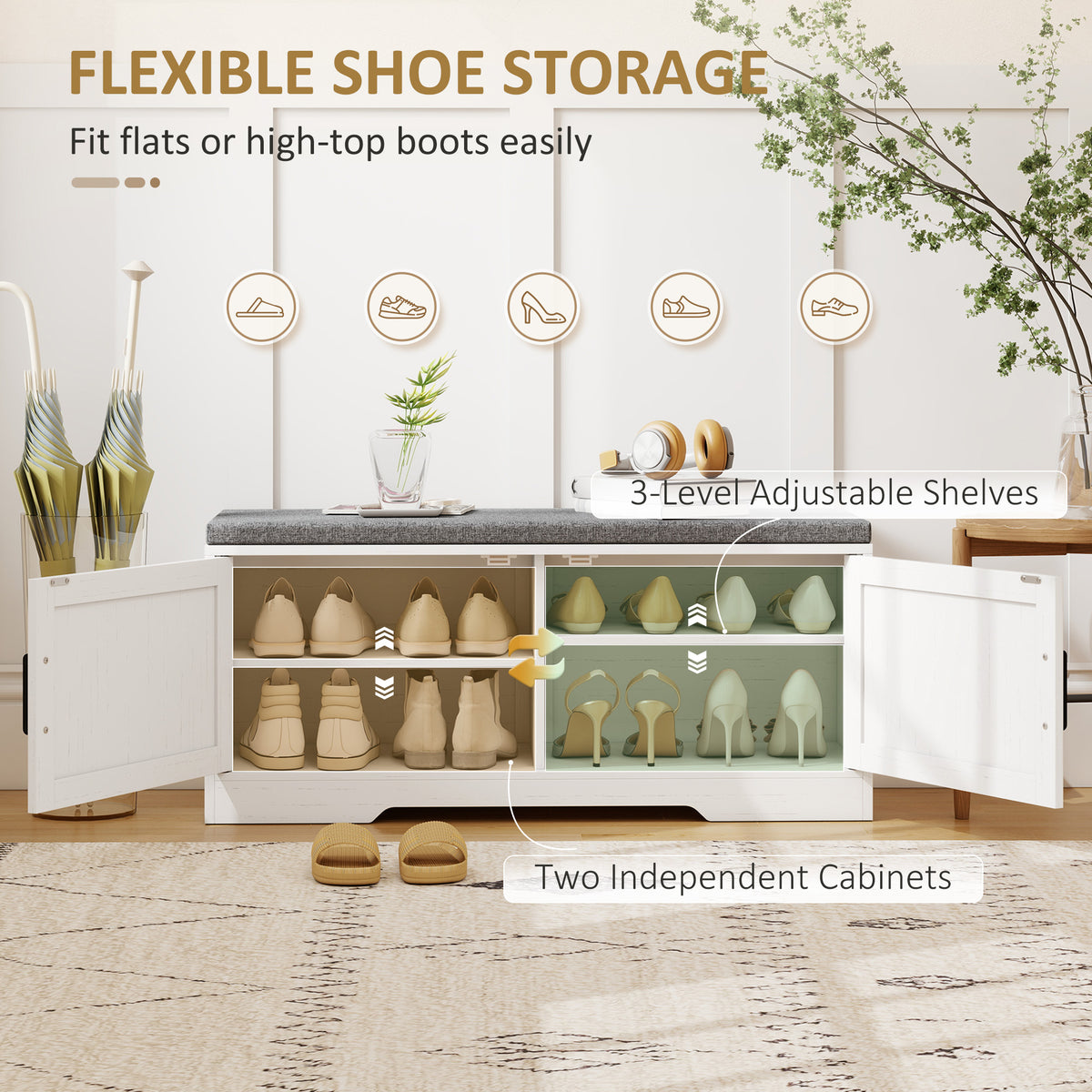 Shoe storage bench with cushion and doors