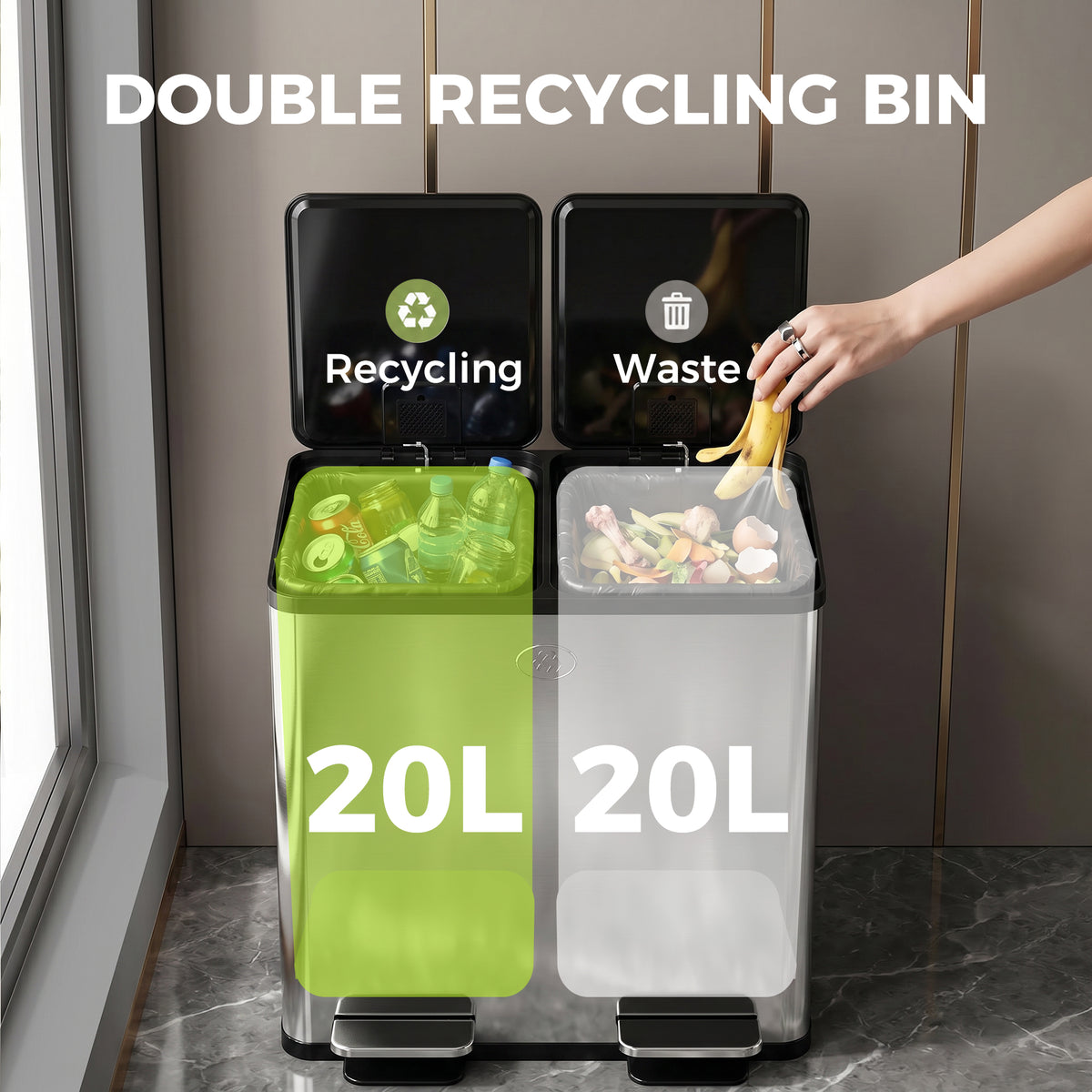 Double Step Trash Can with Soft-Close Lid 40 L