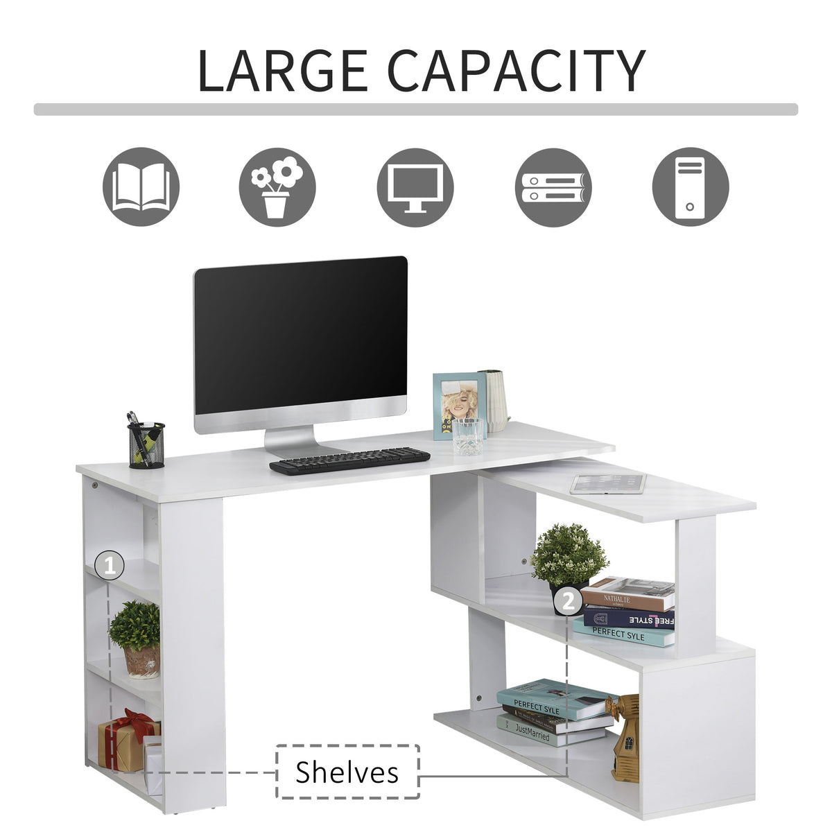 L-Shaped Desk 360° Rotating with Storage
