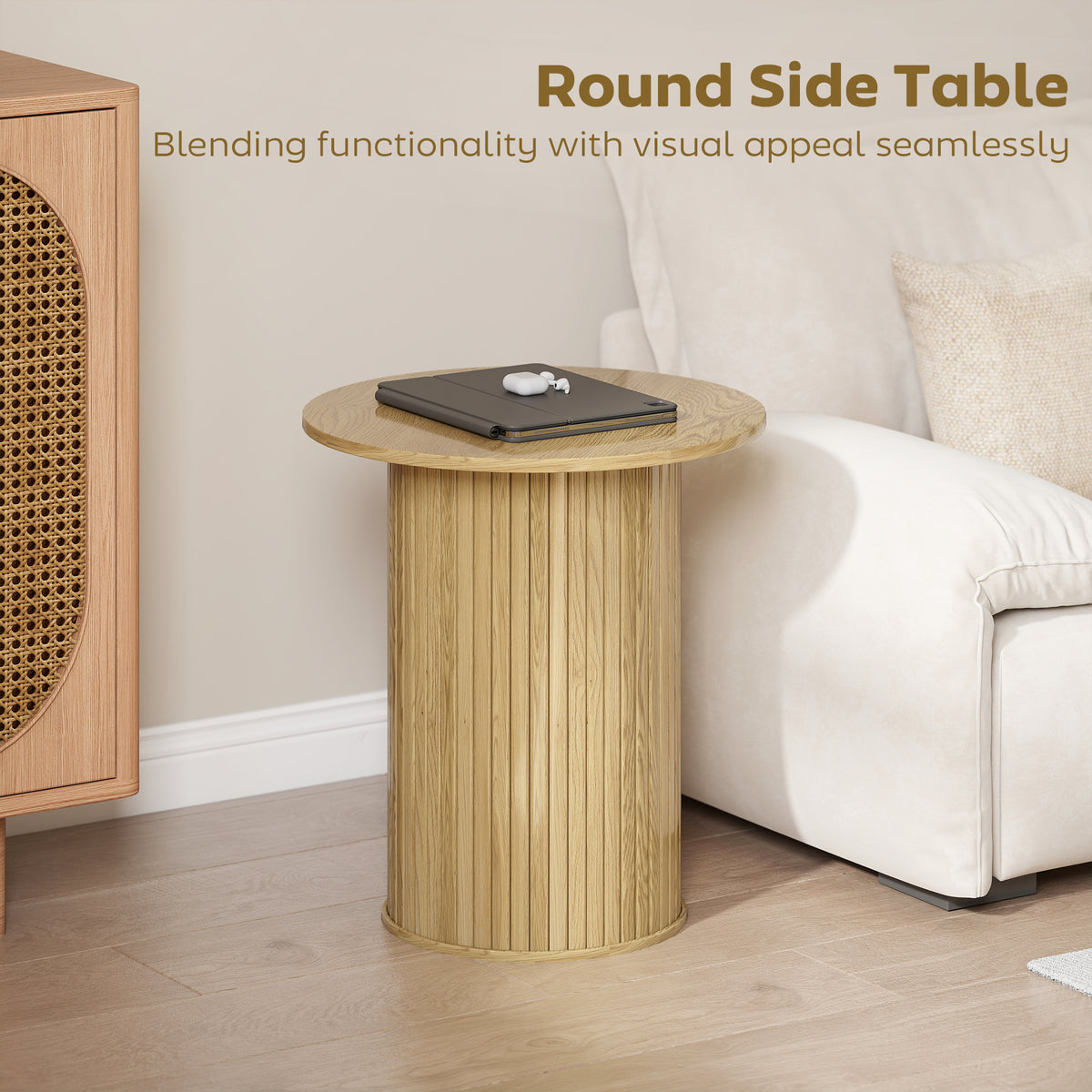 Round Fluted Accent Side Table Oak
