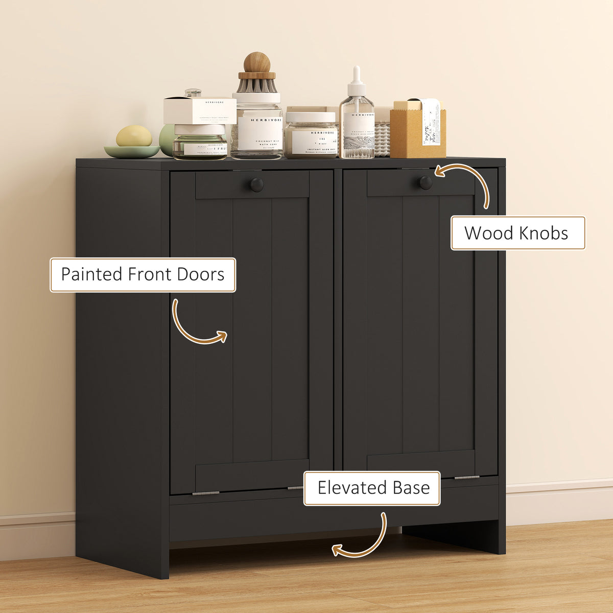 Modern tilt-out laundry hamper cabinet with two compartments