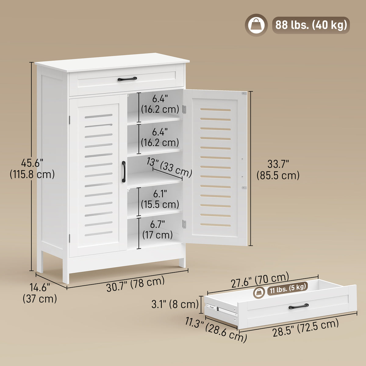 Shoe Cabinet with Louvered Doors and Drawer