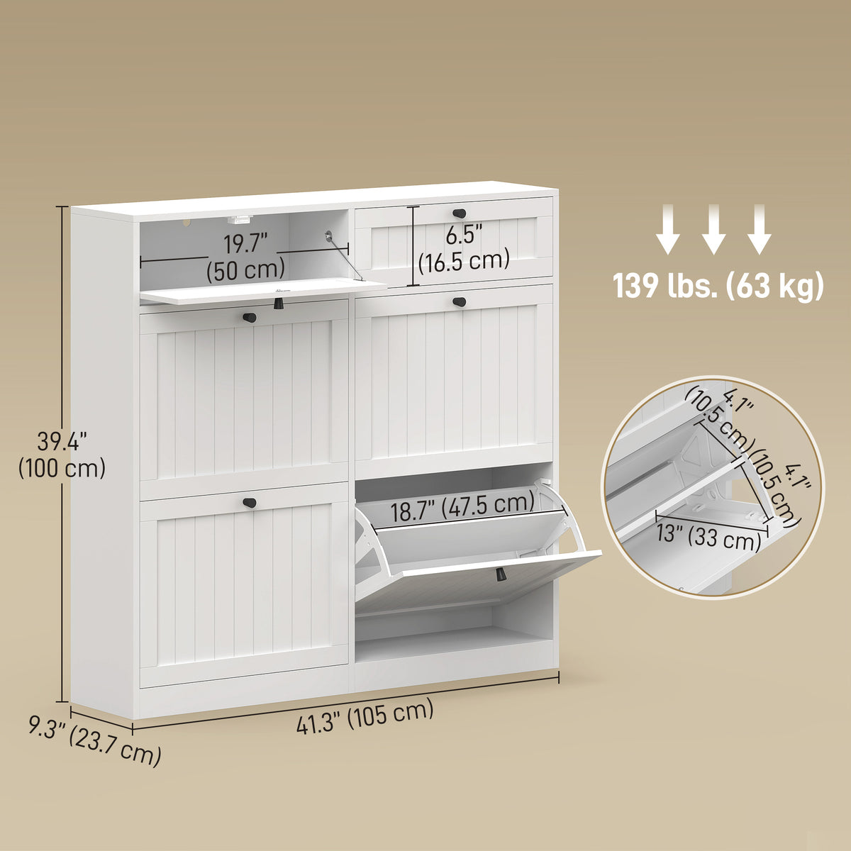 Narrow shoe cabinet with flip drawers farmhouse style