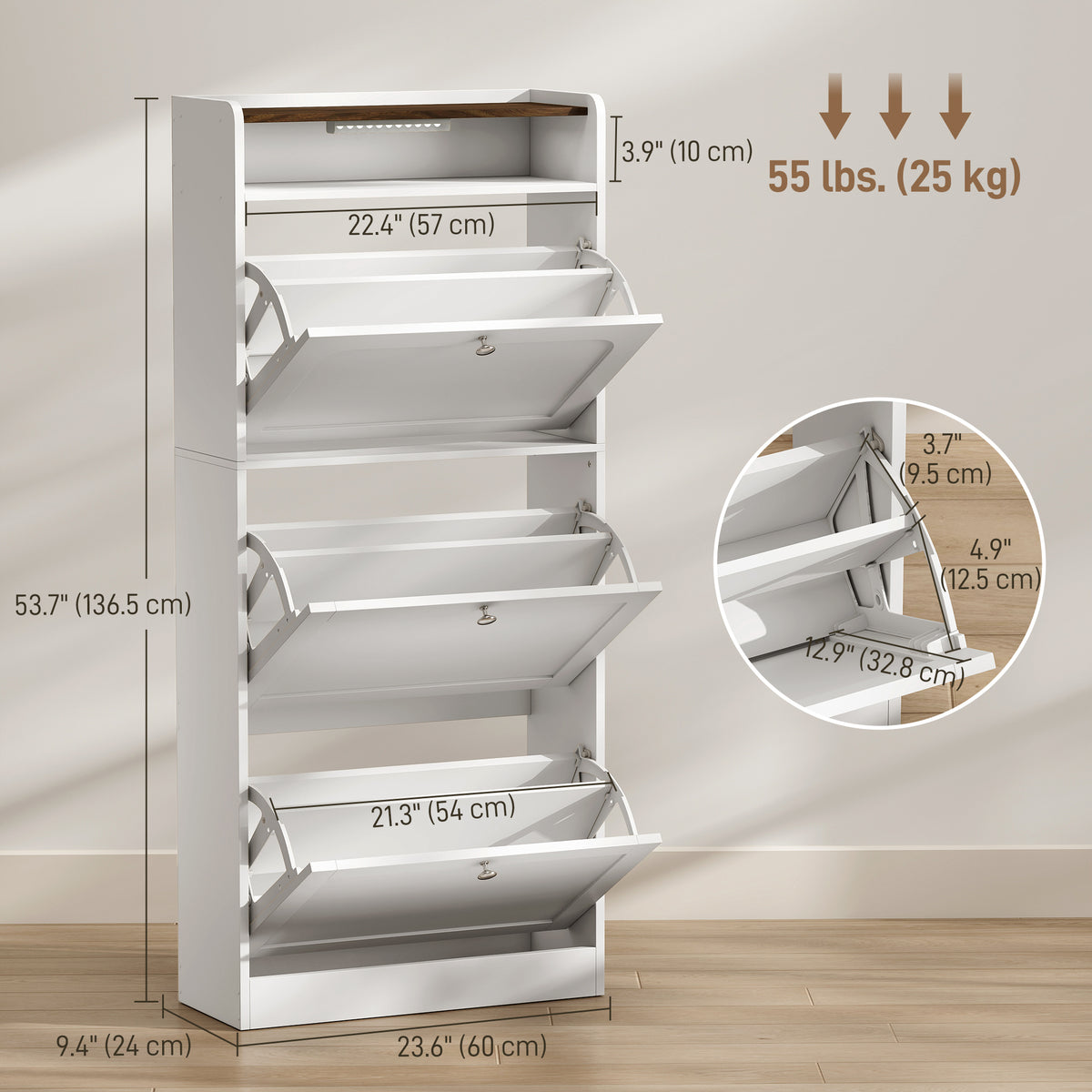 Slim shoe cabinet with 3 flip drawers and sensor light