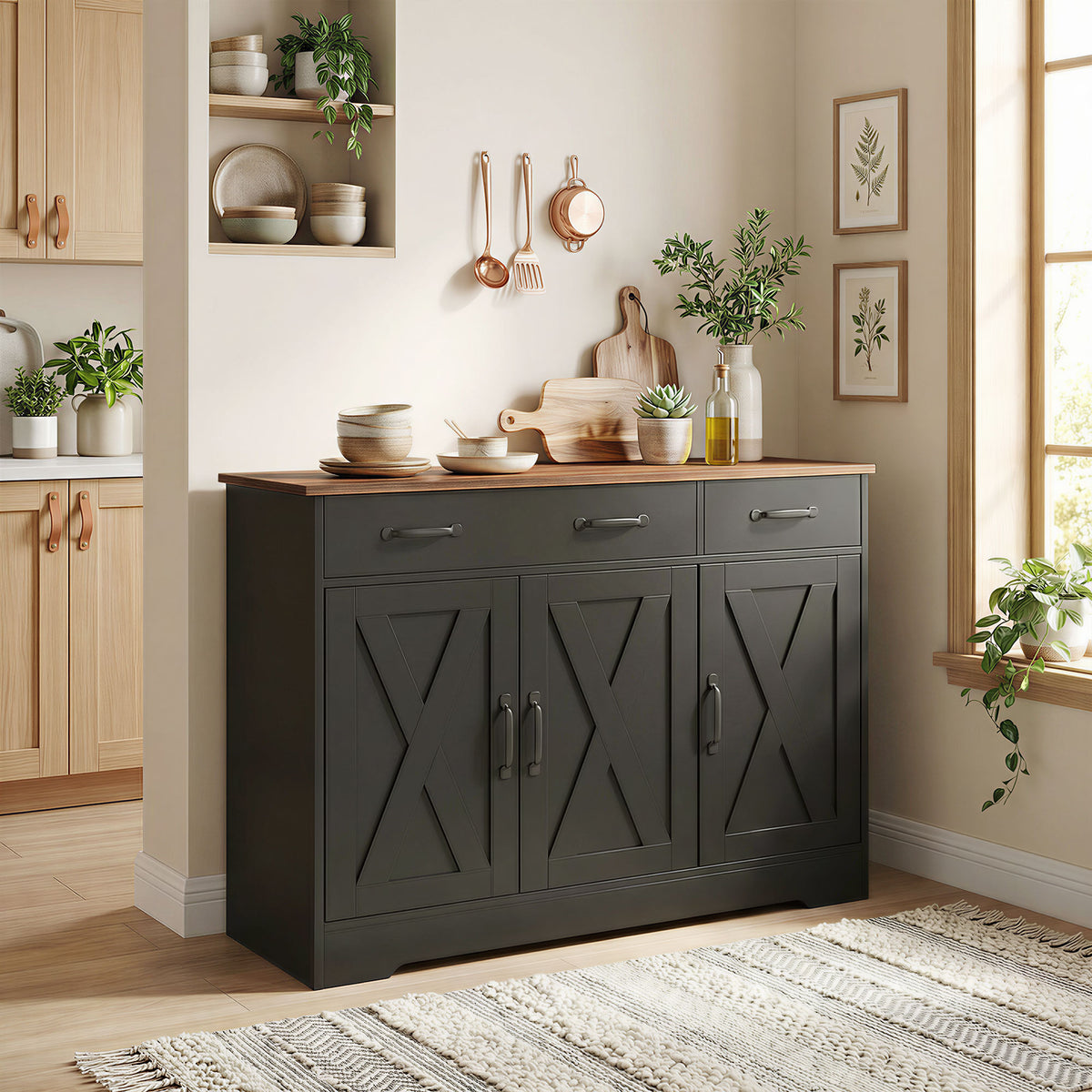 Aparador de cocina estilo rústico con puertas de granero
