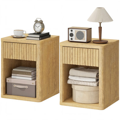Modern Nightstand Set of 2 with Fluted Drawer and Open Shelf
