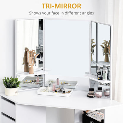 Corner makeup vanity table triple mirror with drawers