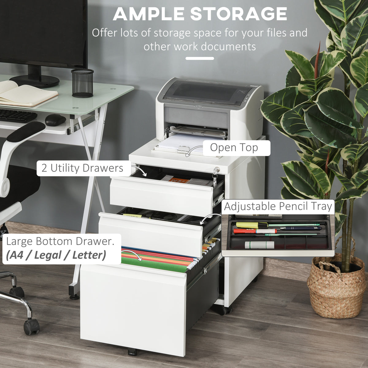 Mobile filing cabinet 3 drawer lockable steel