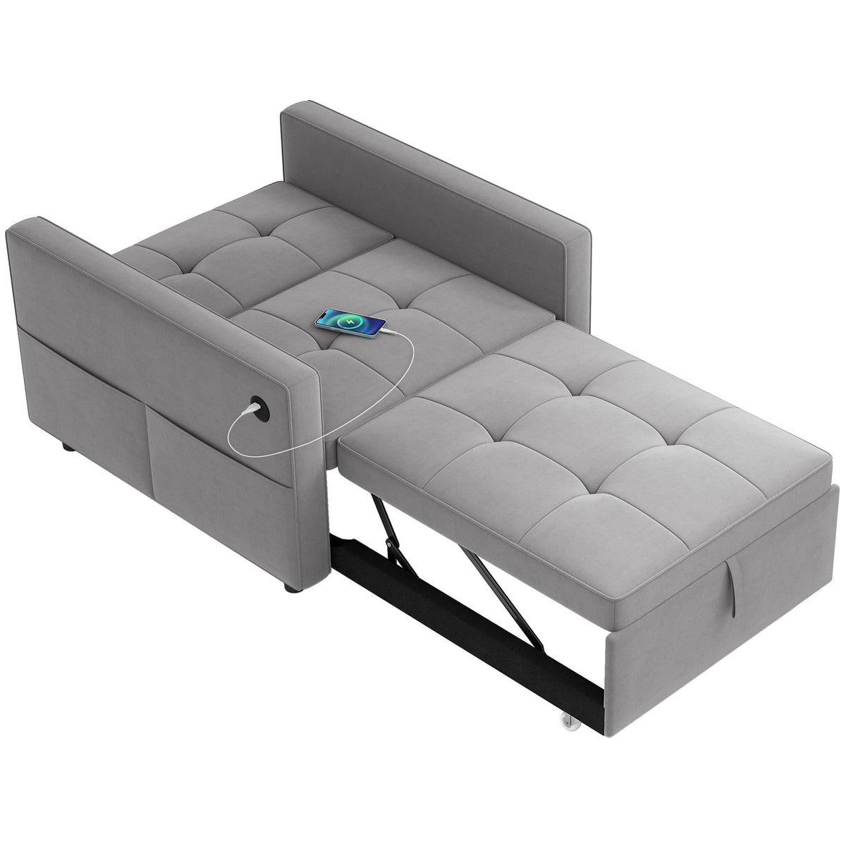 Convertible Velvet Chair Bed with USB Charging